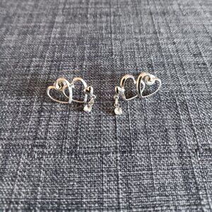 Double heart with dangling clear gem silver colored earrings for pierced ears